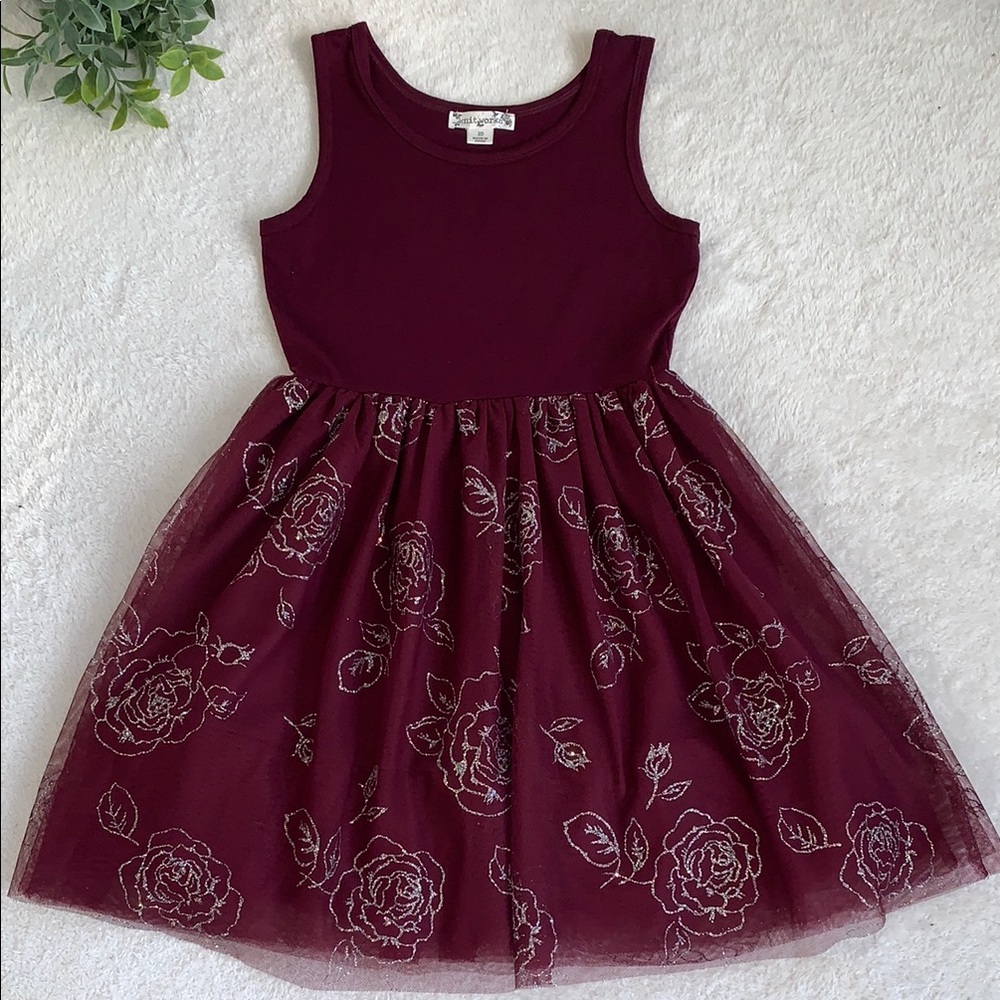 Knitworks Burgundy Glitter Roses Tank Dress 10 EUC